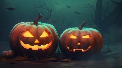 Two glowing jack-o'-lanterns in a misty, eerie forest setting, perfect for Halloween-themed designs.
