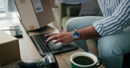 Hands, man and dropshipping on laptop with box for barcode or QR code checklist. Small business, courier and package in logistics for delivery in remote work in home, living room and ecommerce - Powered by Adobe