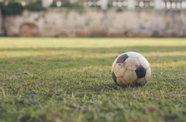 Fototapeta premium A worn soccer ball sits alone on a grassy field, hinting at a game played and memories made.