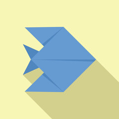 Blue origami fish is swimming right on a yellow background