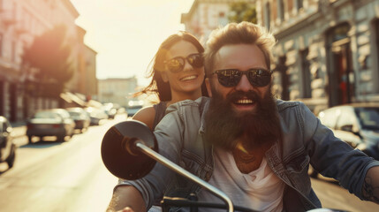 Couple enjoying a joyful motorcycle ride through sunlit city streets, sharing laughter and freedom.