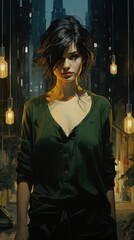 Fototapeta premium A woman with short dark hair stands in a city street, illuminated by hanging lightbulbs. She wears a green shirt and looks directly at the camera.