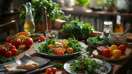 A vibrant table filled with fresh, colorful vegetables and herbs, centered around a beautifully plated salad in a cozy, rustic kitchen.