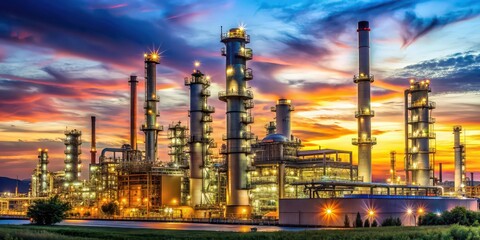 Fototapeta premium Petroleum refinery plant illuminated against the twilight sky , Industry, factory, oil, energy, production
