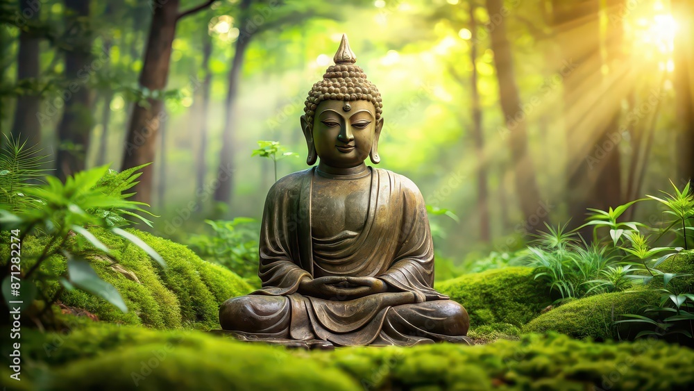 Sticker Buddha statue serenely sitting in the lush green forest, Buddha, statue, meditation, Zen, enlightenment, peaceful