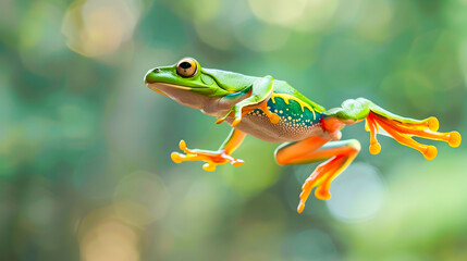 Naklejka premium Vibrantly Colored Tree Frog Jumping and Leaping Gracefully Amid Lush Green Tropical Leaves and Branches in a Natural Forest Environment
