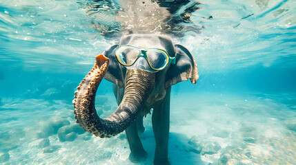 Whimsical scene of an elephant wearing snorkeling mask fins and wetsuit swimming freely underwater in a vibrant seascape filled with coral reefs tropical fish and other marine life
