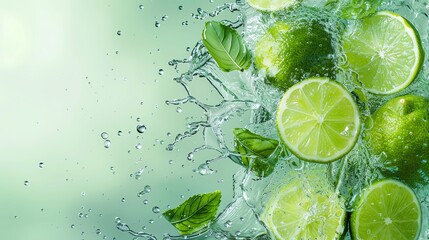 Fresh limes and mint leaves in splashing water on a green background. Refreshing citrus fruit and herbs, perfect for summer and healthy living.