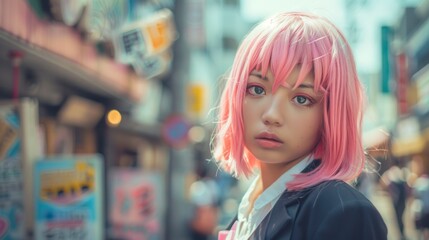 beautiful young japanese girl with pink wig on the street with blur background