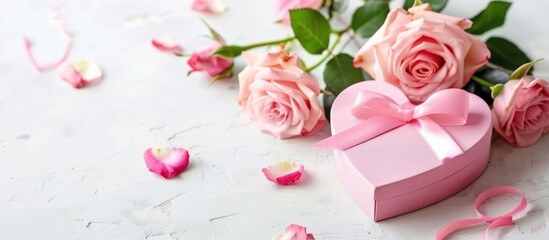 Pink Roses and Heart-Shaped Gift Box