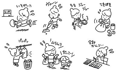 様々な家事を頑張る女性のセットイラスト