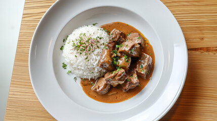 Traditional beef stroganoff with pieces of meat in a creamy sauce, white rice and straw potatoes