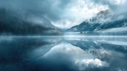 Obraz premium Discover the surreal beauty of misty morning fog rolling over a tranquil lake
