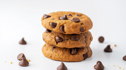 Stack of three chocolate chip cookies with scattered chocolate chips on a white background.