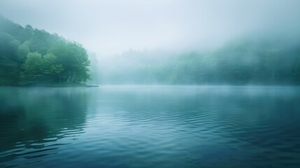 Fototapeta premium Discover the surreal beauty of misty morning fog rolling over a tranquil lake