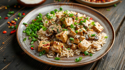 Vegetarian stroganoff with tofu cubes and mushrooms with creamy sauce and brown rice