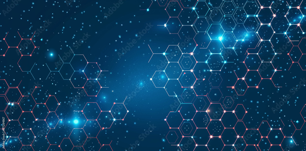 Poster abstract hexagonal molecular structures on dark blue background for digital health and medical resea
