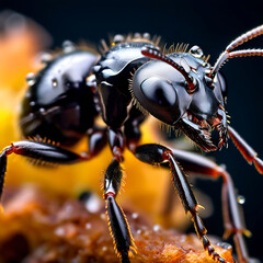 Fototapeta premium A Close-Up of an Ant Carrying a Crumb, Showcasing the Details of Its Body and the Texture of Its Burrow