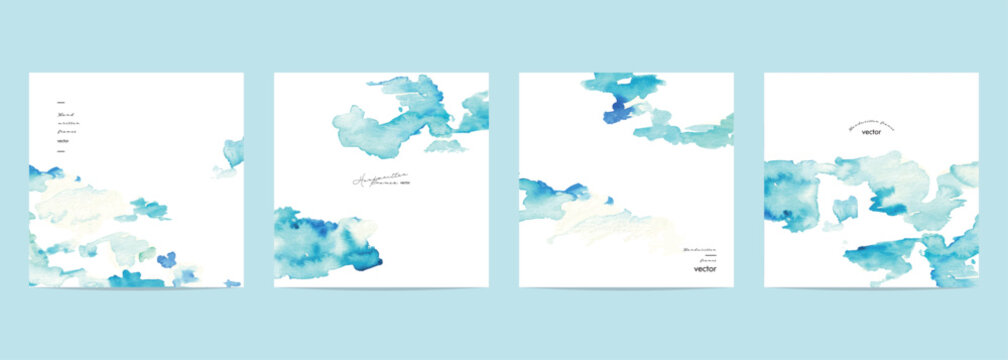 水彩画。水彩タッチの雲の背景ベクターイラスト。夏の青空背景ポストカード。Watercolor painting. Watercolor touch cloud background vector illustration. Summer blue sky background postcard.