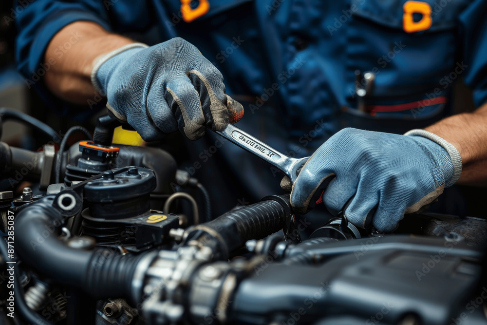 Poster auto mechanic repairing car engine with a wrench in an abstract background at the garage workshop se