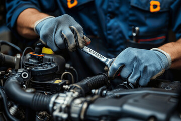 Auto mechanic repairing car engine with a wrench in an abstract background at the garage workshop service center