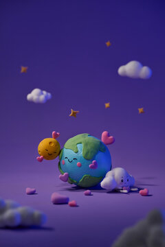 Earth and Heart with cloud on purple space
