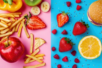 Delicious fast food and fresh fruit on blue background for healthy eating and balanced lifestyle concept
