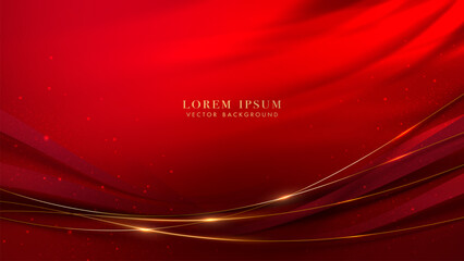 Red Luxury abstract background, golden line wave decoration, and glittering light effect