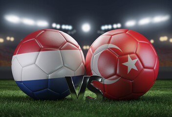 Fototapeta premium Two soccer balls in flags colors on a stadium blurred background. Netherlands vs Turkey. 3D image. 