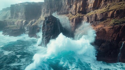 Document the raw power of crashing waves against rugged coastal cliffs