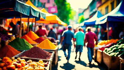 A colorful street market bustling with activity, vendors selling fresh produce, handmade crafts, and exotic spices. The vibrant scene offers a dynamic canvas for text.