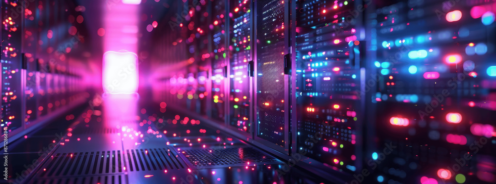 Poster high performance data center with advanced server rack technology and glowing light in purple blue a
