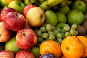 Selection of fruits: apples, bananas, grapes, oranges, kiwis and plums