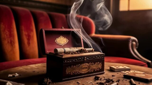 A close-up photo of a wooden box filled with cigars. Smoke curls from the box and a red couch is visible in the background