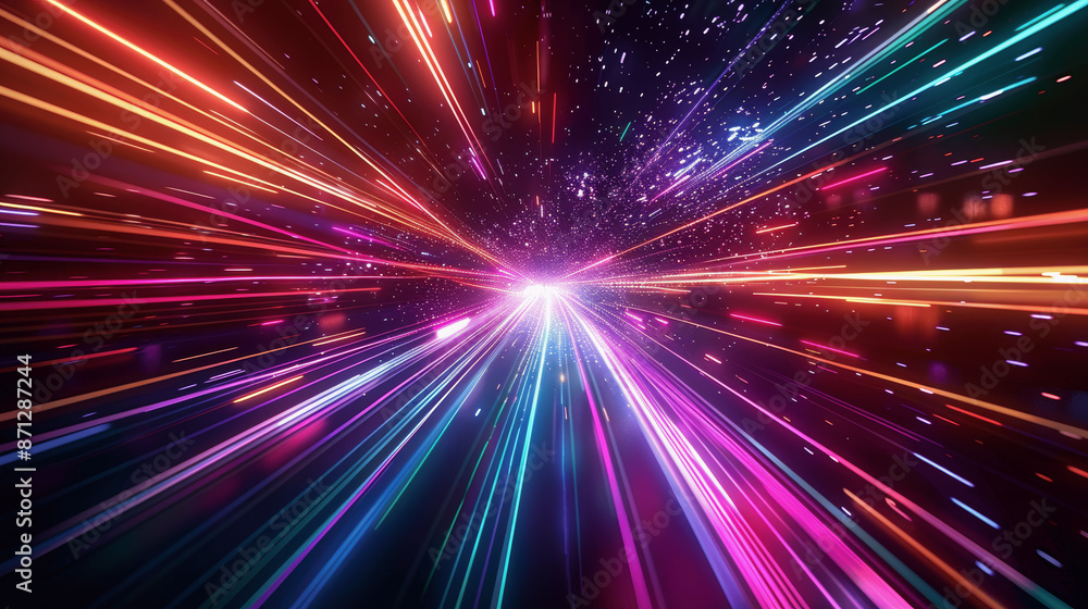 Poster high-speed colorful light trails in motion blur with futuristic glow effect