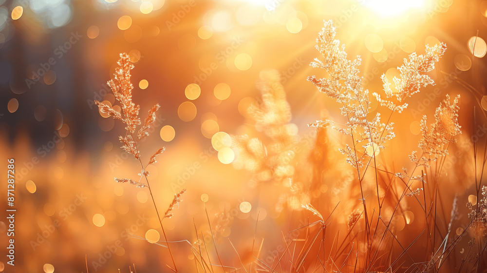Canvas Prints autumn sunset meadow background with sunlight bokeh and autumn forest elements