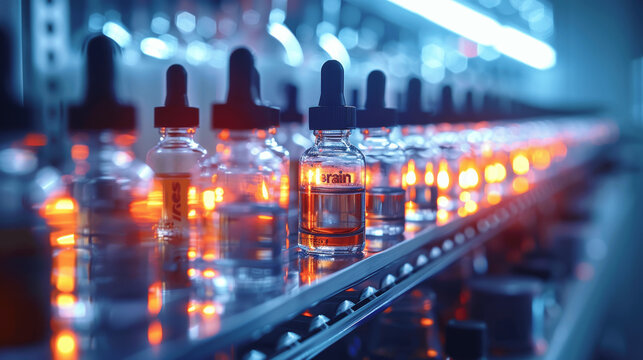 Glass vials of e-liquid on shelf in lab for vape sticks quality control and testing before marketing bright lighting