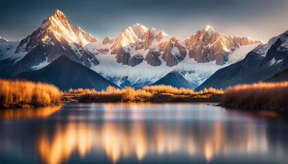 A majestic mountain range bathed in the golden light of sunrise, with snow-capped peaks and glaciers reflecting the morning sun. The breathtaking landscape provides a dramatic backdrop for text.
