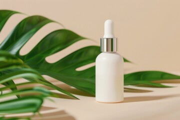 One white bottle with serum for caring face, hair, hands and body. Beige background with green tropical leaf. Natural organic eco cosmetics concept.