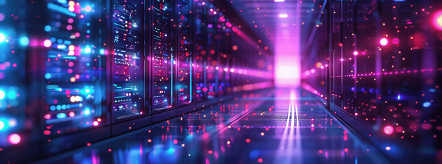 Naklejka premium 3D Render of Ultra High Performance Data Center with Server Rack and Glowing Lights