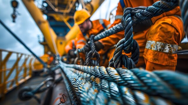 Riggers assembling and securing loads on a crane at midday. They use ropes and hooks to attach heavy materials, ensuring everything is balanced and secure
