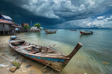 Stormy Seascape with Longtail Boats