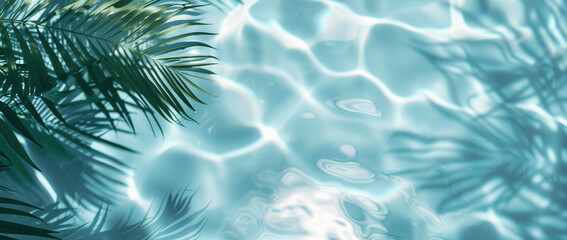 Top view of water surface with tropical palm leaf shadow on light blue pool ripples and white sand background minimalism elegant summer vacation concept