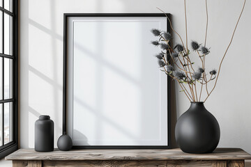 Minimalist Black Frame Mockup on Wooden Console with White Poster and Thistle Vase in Scandinavian Style