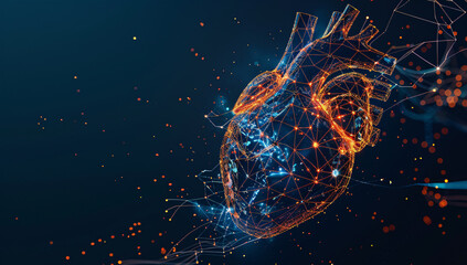 Abstract digital human heart with glowing lines and dots