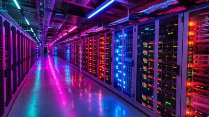 Fototapeta premium Illuminated Computer Server Room with Advanced Technology and Digital Data Processing