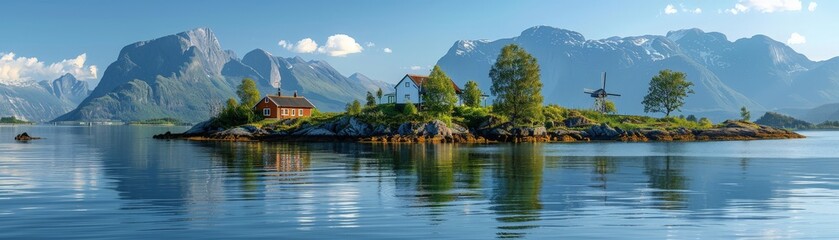 Obraz premium Tranquil Island Retreat: Windmills, House, and Mountains by the Sea