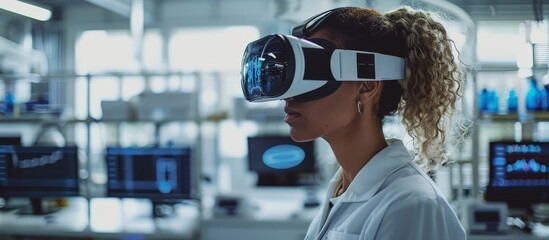 Virtual Reality Researcher Exploring Data in Modern Science Lab with VR Headset - Futuristic Technology Concept