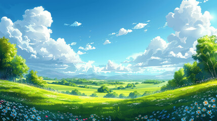 Obraz premium Green Meadow with Flowers, Blue Sky, Cartoon Anime Style, Beautiful Scenic Landscape, High Quality Detailed Illustration