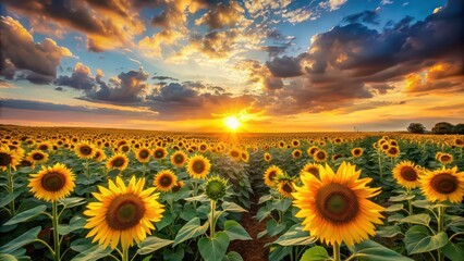 Fototapeta premium Beautiful sunset over a sunflower field, sunflowers, field, sunset, golden hour, nature, beauty, agriculture, landscape, vibrant